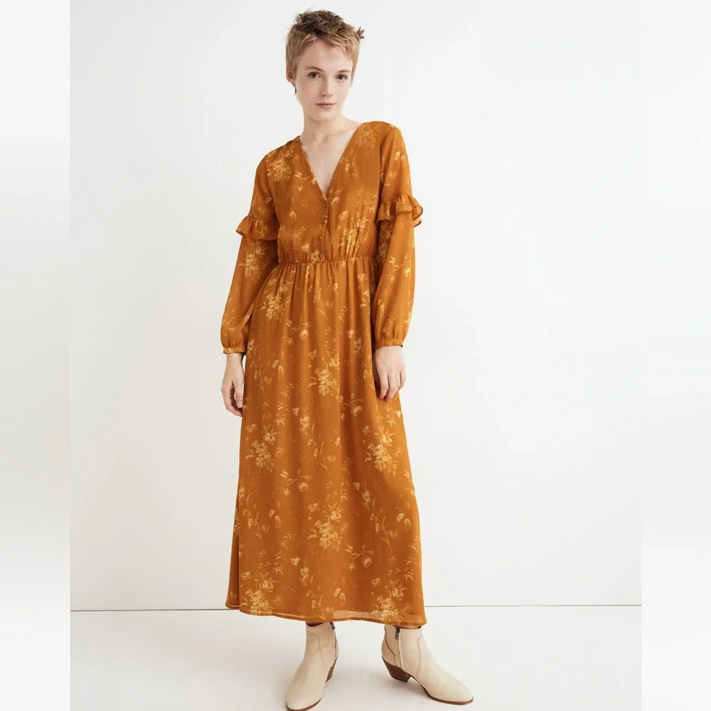Madewell Ruffle Sleeve Button Front Dress Tonal Brown Size 6 - Picture 3 of 13